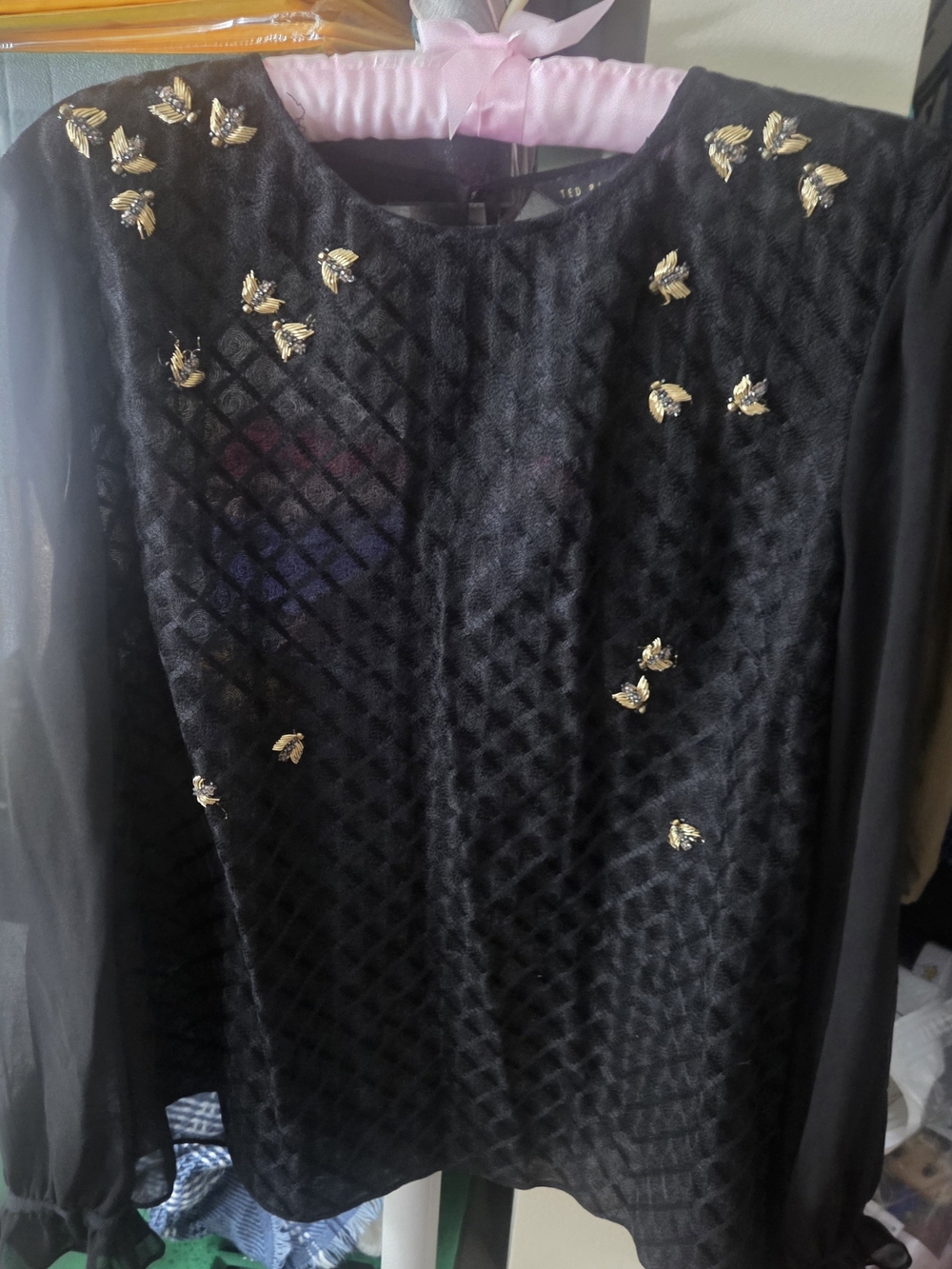Ted Baker Black Long-Sleeve Embellished Mesh Top with Gold Accents Size 5/XL
